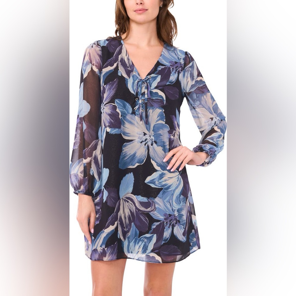 Halogen Navy and Light Blue Floral Long Sleeve Shift Dress